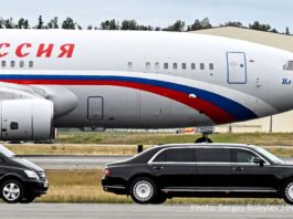 Russian President Vladimir Putin's limousine near the Il-96 aircraft of the Rossiya special flight detachment, Anchorage, Alaska. August 15, 2025