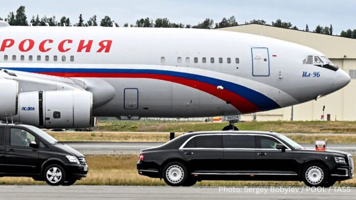 Russian President Vladimir Putin's limousine near the Il-96 aircraft of the Rossiya special flight detachment, Anchorage, Alaska. August 15, 2025