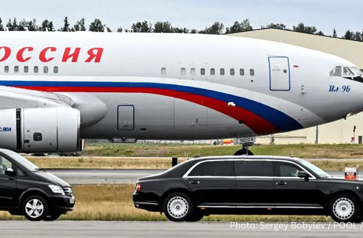 Russian President Vladimir Putin's limousine near the Il-96 aircraft of the Rossiya special flight detachment, Anchorage, Alaska. August 15, 2025