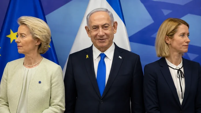 Collage - Ursula von der Leyen, Benjamin Netanyahu and Kaja Kallas