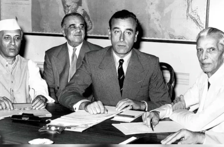 The conference in New Delhi where Lord Mountbatten - centre - disclosed Britain’s partition plan for India to Nehru and Jinnah